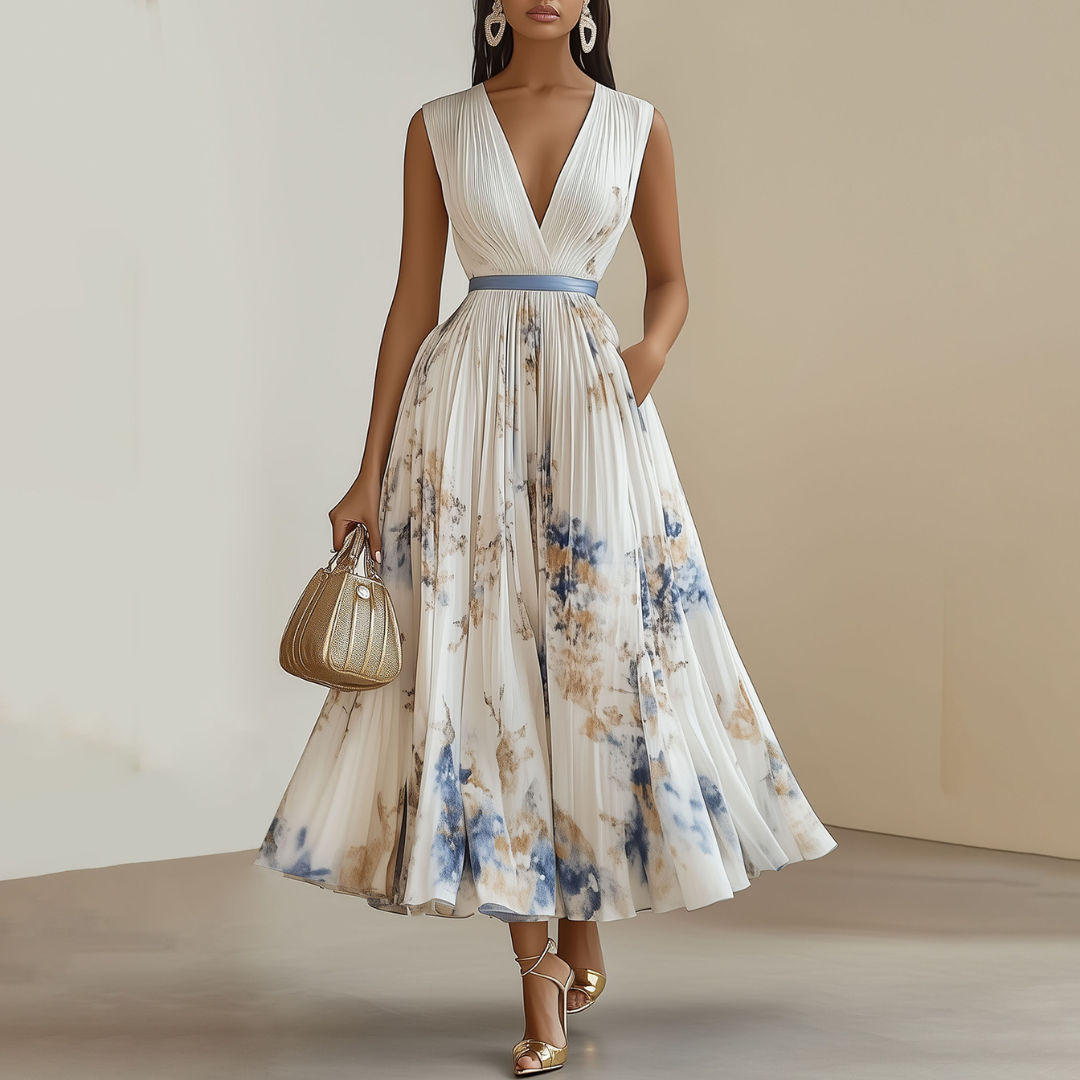 Elegante abito plissé floreale con scollo a V da donna