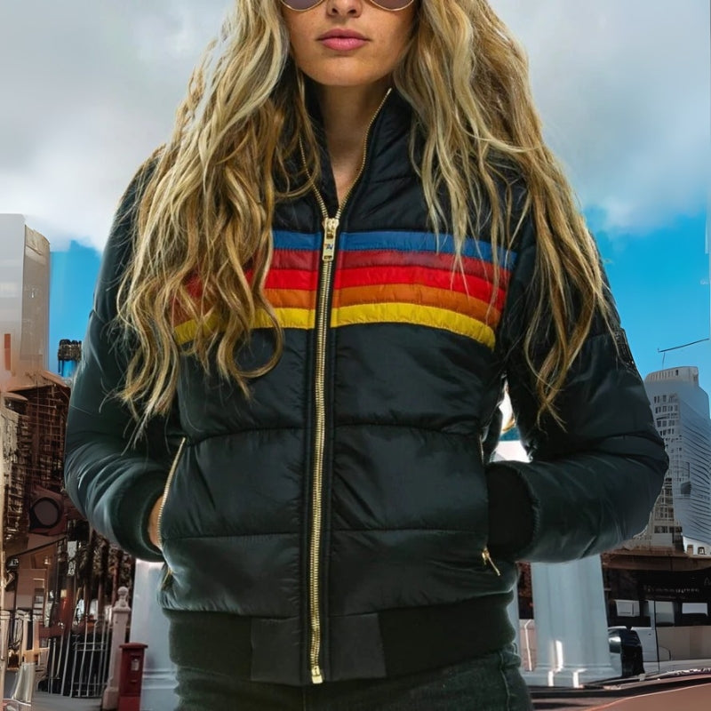 Gesteppte Kapuzen-Steppjacke mit Farbblock-Design für Damen