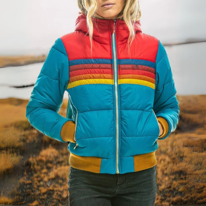 Gesteppte Kapuzen-Steppjacke mit Farbblock-Design für Damen