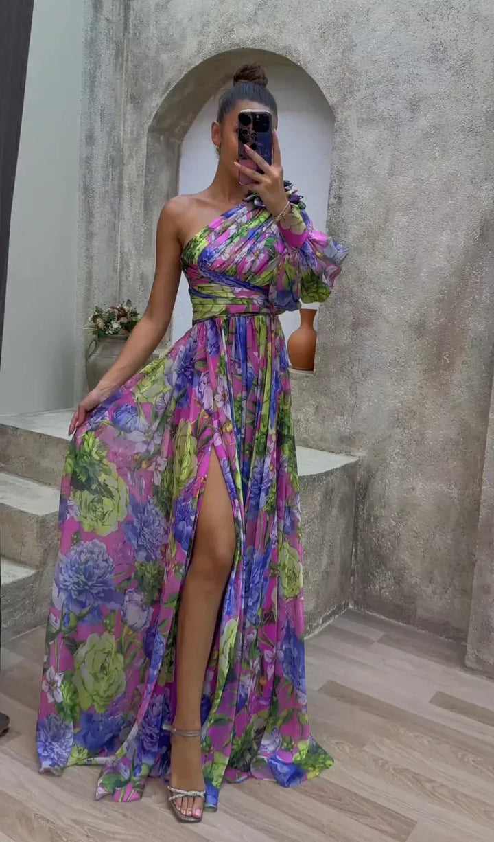 Annamaria Damen Maxikleid mit One-Shoulder & hohem Schlitz