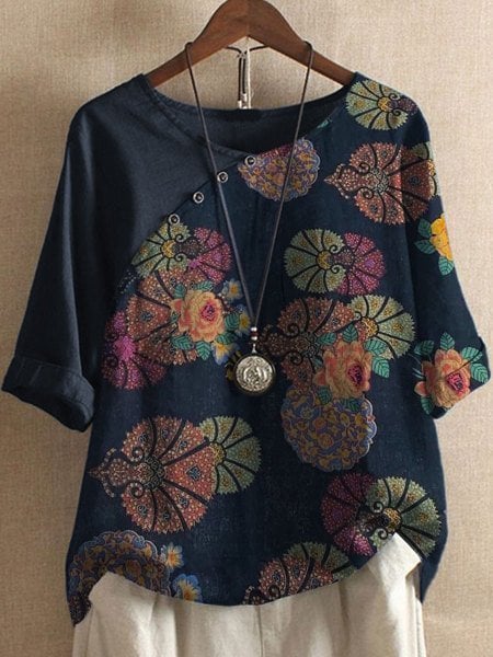 Nadja Damenbluse mit Blumenmuster aus Baumwolle und Leinen