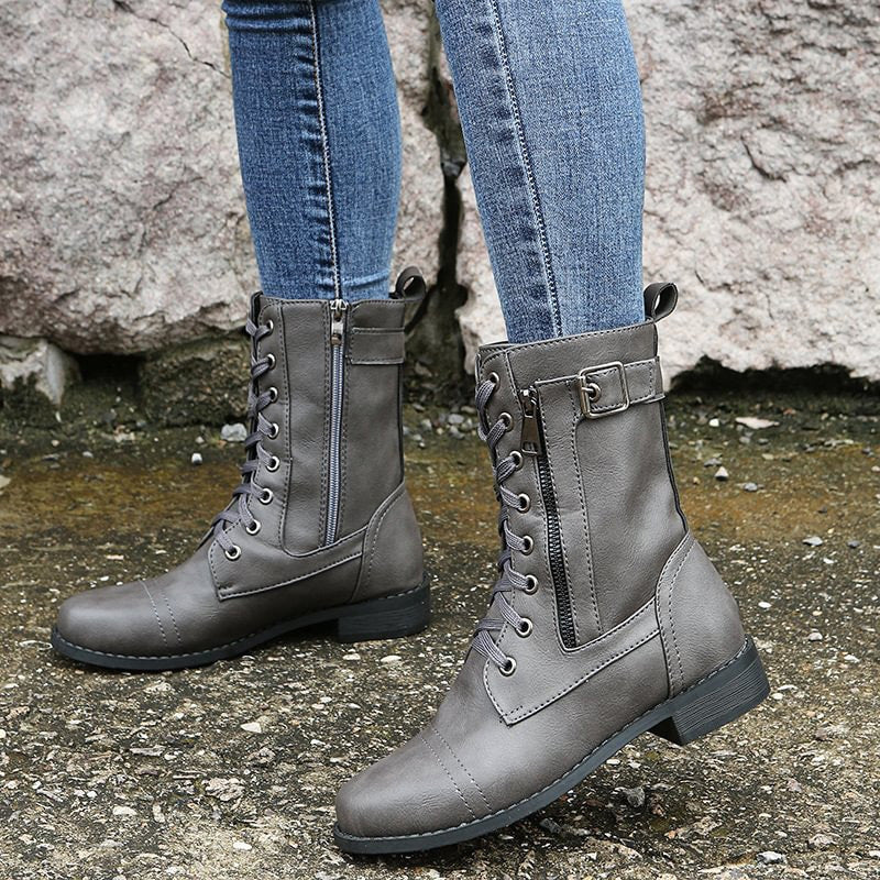 Damen Stiefel Schnürung mit Reißverschluss