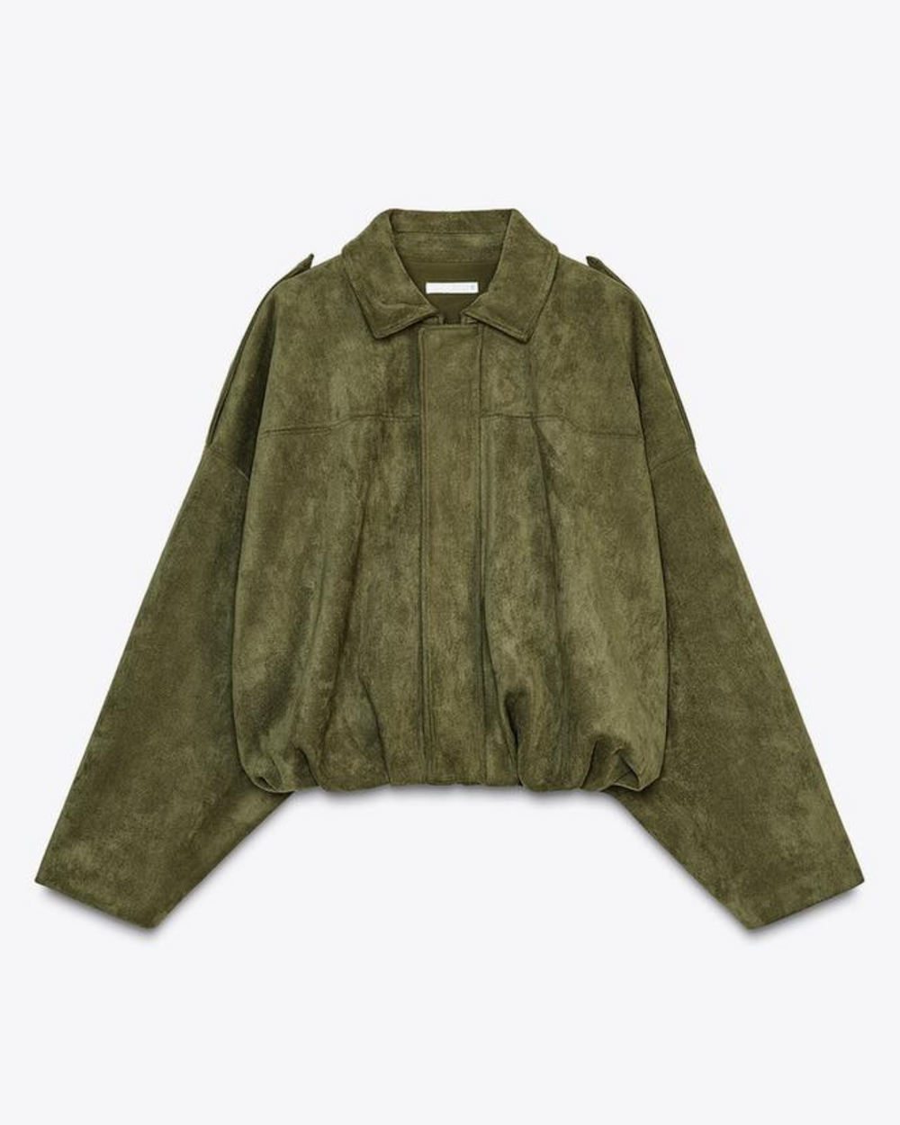 Oversized Damenjacke mit Reißverschluss, Stehkragen und Gummizugsaum in cleanem urbanem Design.
