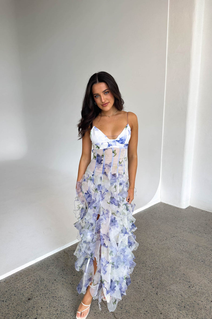 Florella Damen Maxikleid Blumen Chiffon