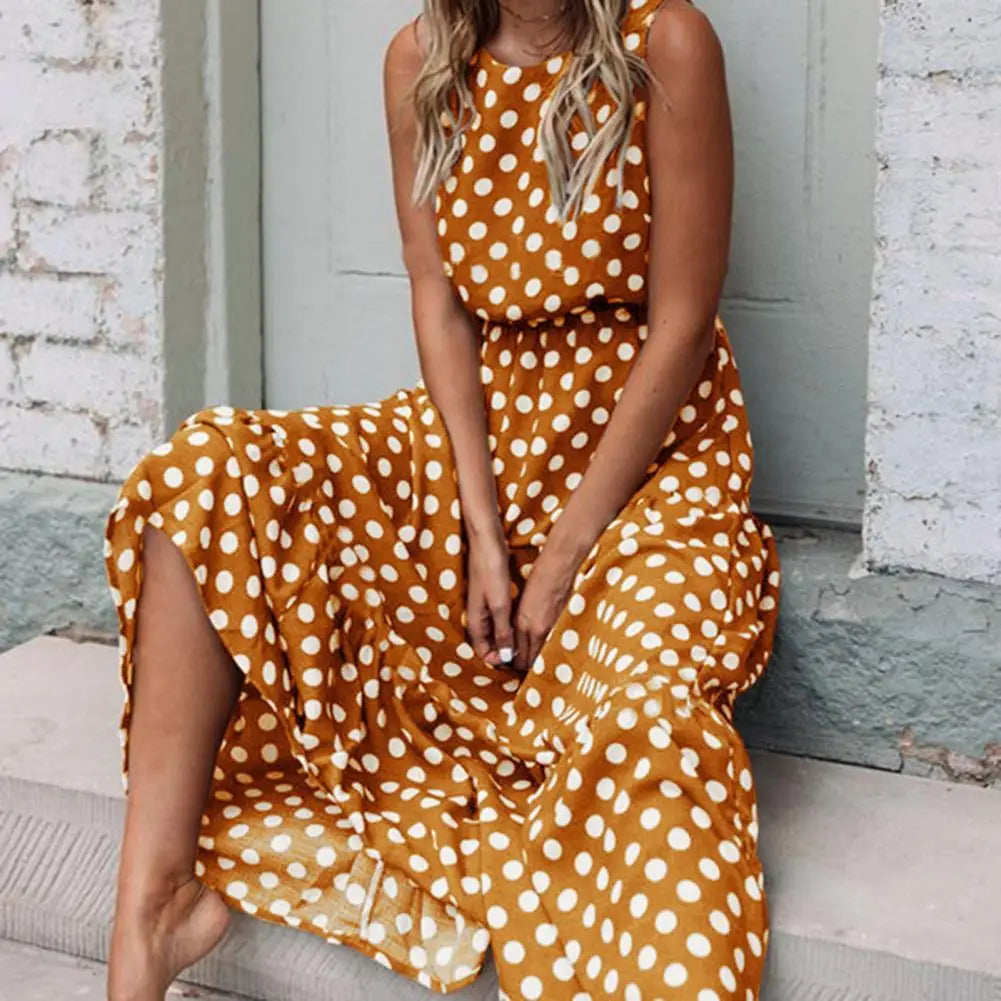 euchtend Karamellbraun Polka-Dot Midikleid für Damen mit schmeichelnder Silhouette