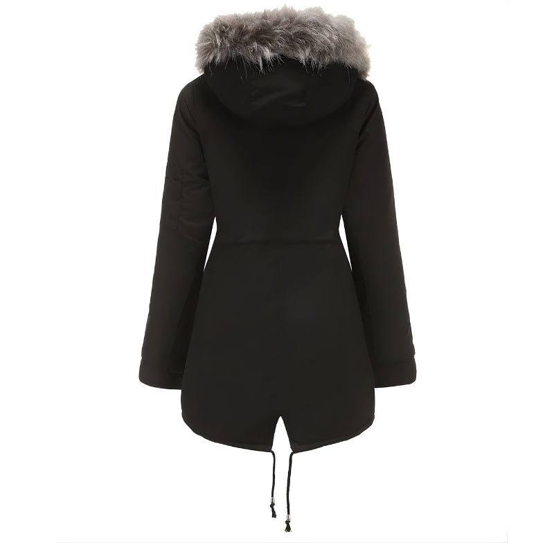 Langer Winterparka für Damen mit Kapuze mit Kunstfellbesatz