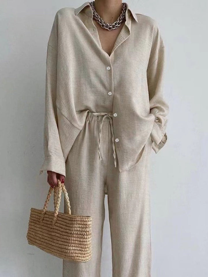 Ronja Damen Zweiteiler Set Leinen bluse und weiter Hose