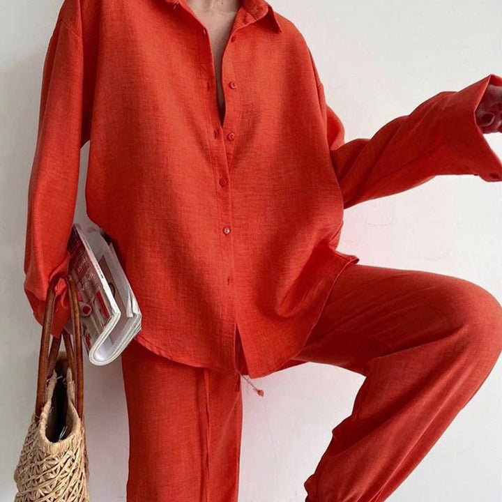 Ronja Damen Zweiteiler Set Leinen bluse und weiter Hose