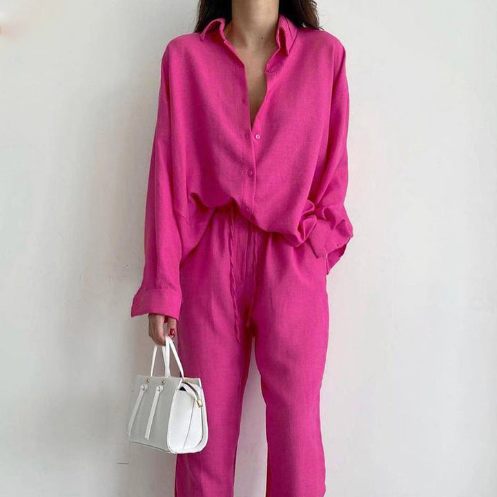 Ronja Damen Zweiteiler Set Leinen bluse und weiter Hose