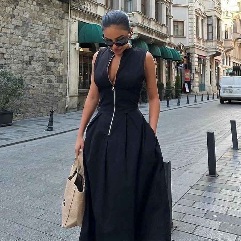 Zélie Damen Maxikleid mit V-Ausschnitt & Hoher Taille