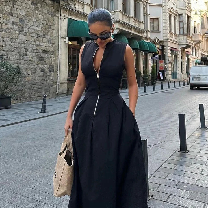 Zélie Damen Maxikleid mit V-Ausschnitt & Hoher Taille