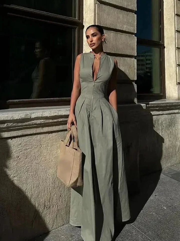 Zélie Damen Maxikleid mit V-Ausschnitt & Hoher Taille