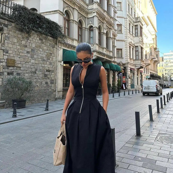 Zélie Damen Maxikleid mit V-Ausschnitt & Hoher Taille
