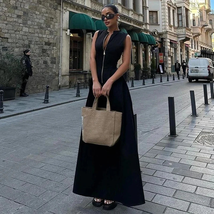 Zélie Damen Maxikleid mit V-Ausschnitt & Hoher Taille