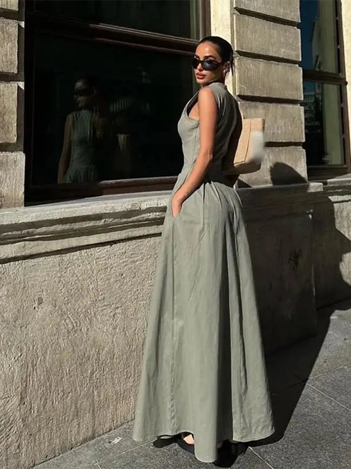 Zélie Damen Maxikleid mit V-Ausschnitt & Hoher Taille