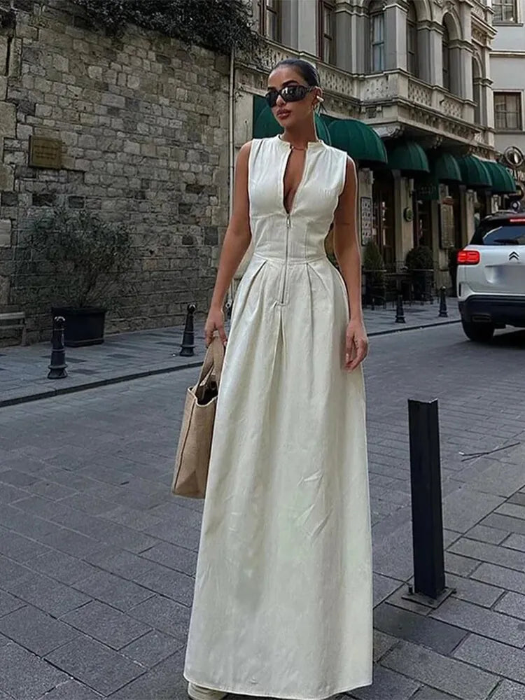 Zélie Damen Maxikleid mit V-Ausschnitt & Hoher Taille