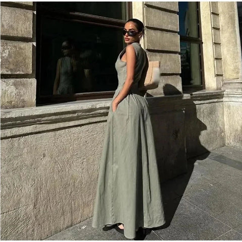 Zélie Damen Maxikleid mit V-Ausschnitt & Hoher Taille