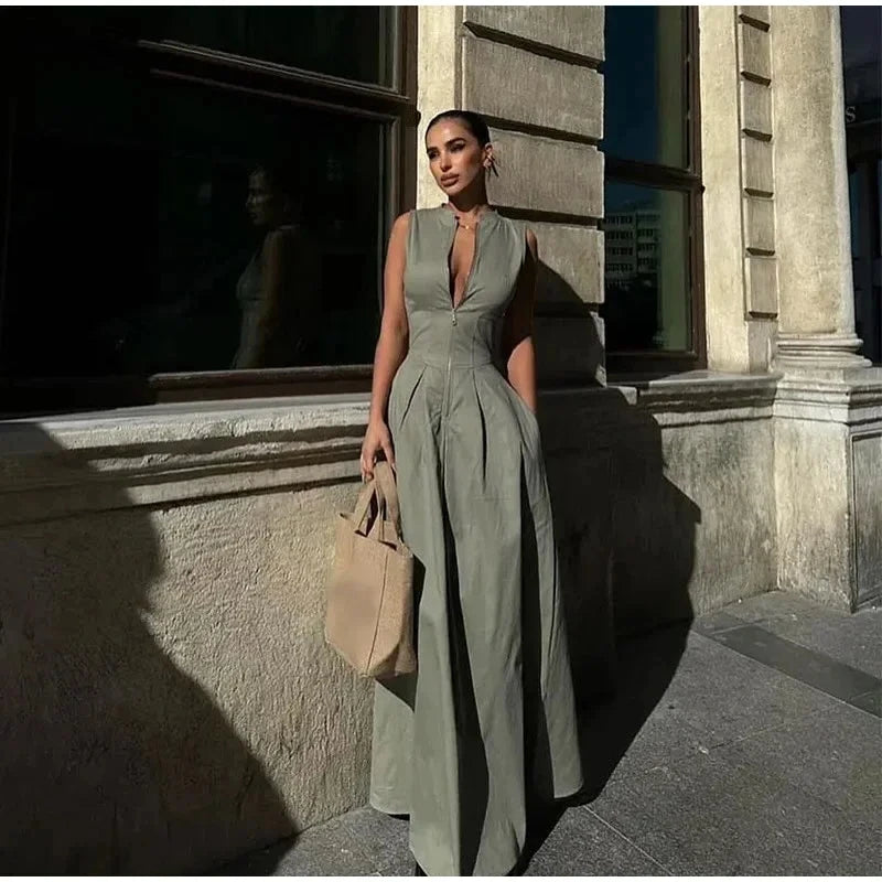 Zélie Damen Maxikleid mit V-Ausschnitt & Hoher Taille