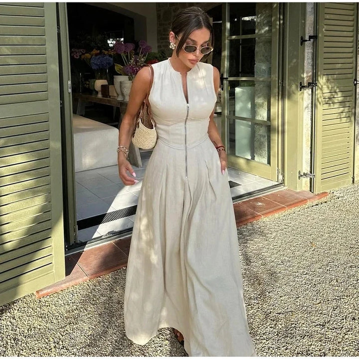 Zélie Damen Maxikleid mit V-Ausschnitt & Hoher Taille