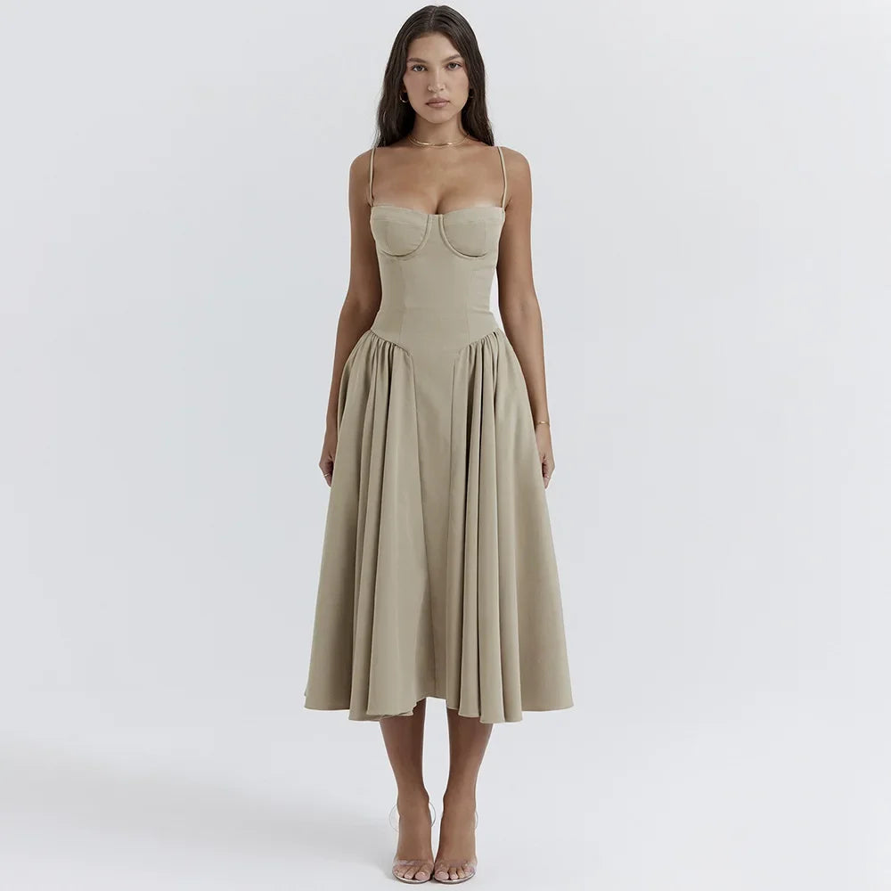 Rachele Damen Elegantes Midi Kleid mit Spaghettiträgern