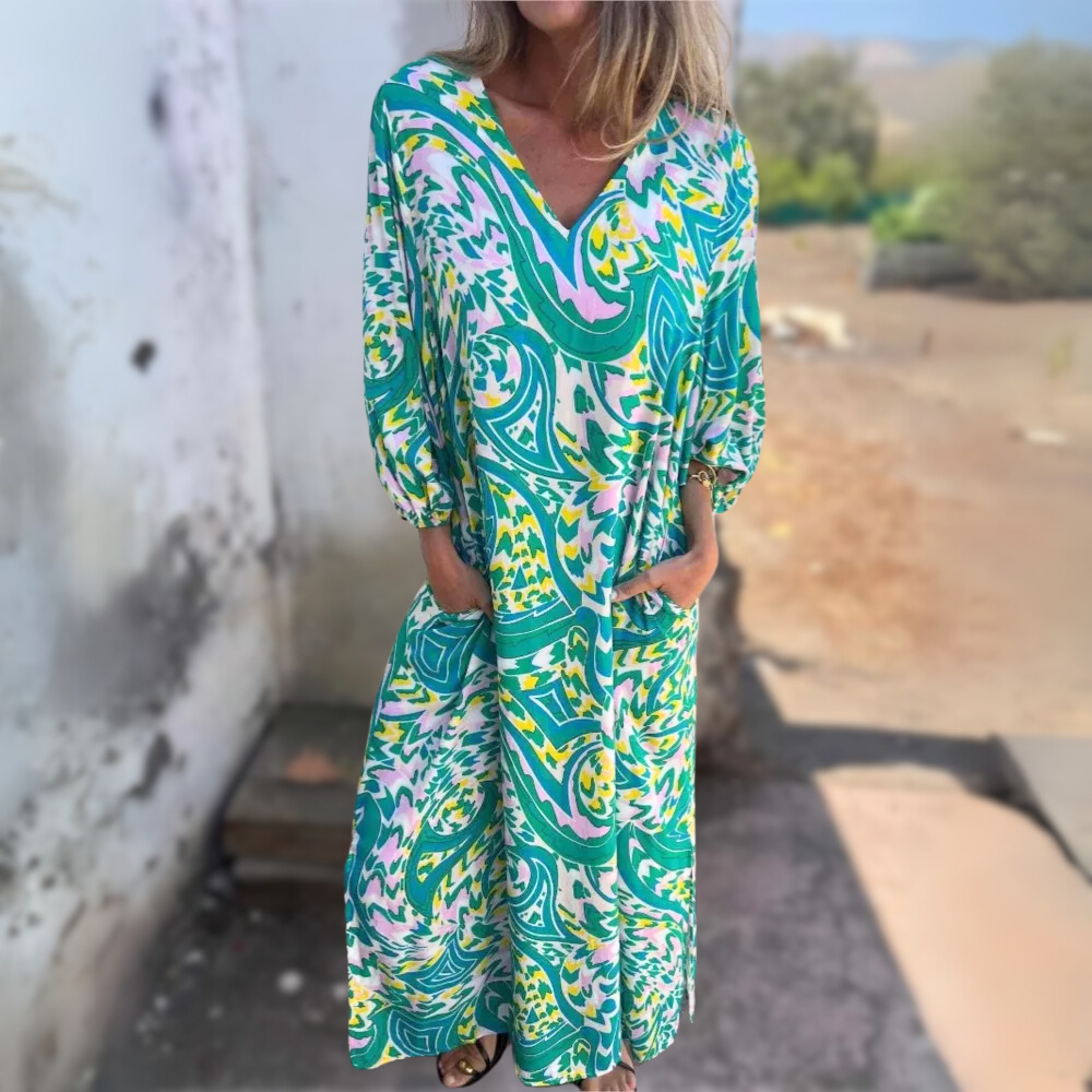 Adalene grünes fließendes Boho-Maxi-Kleid für Damen, mit frischem Grün und freigeistigem, boho-inspiriertem Stil