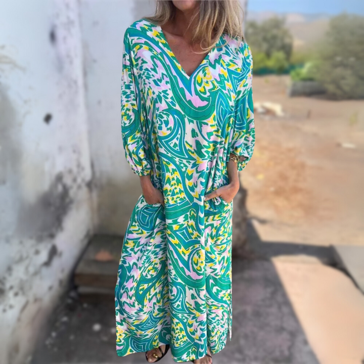 Adalene grünes fließendes Boho-Maxi-Kleid für Damen, mit frischem Grün und freigeistigem, boho-inspiriertem Stil