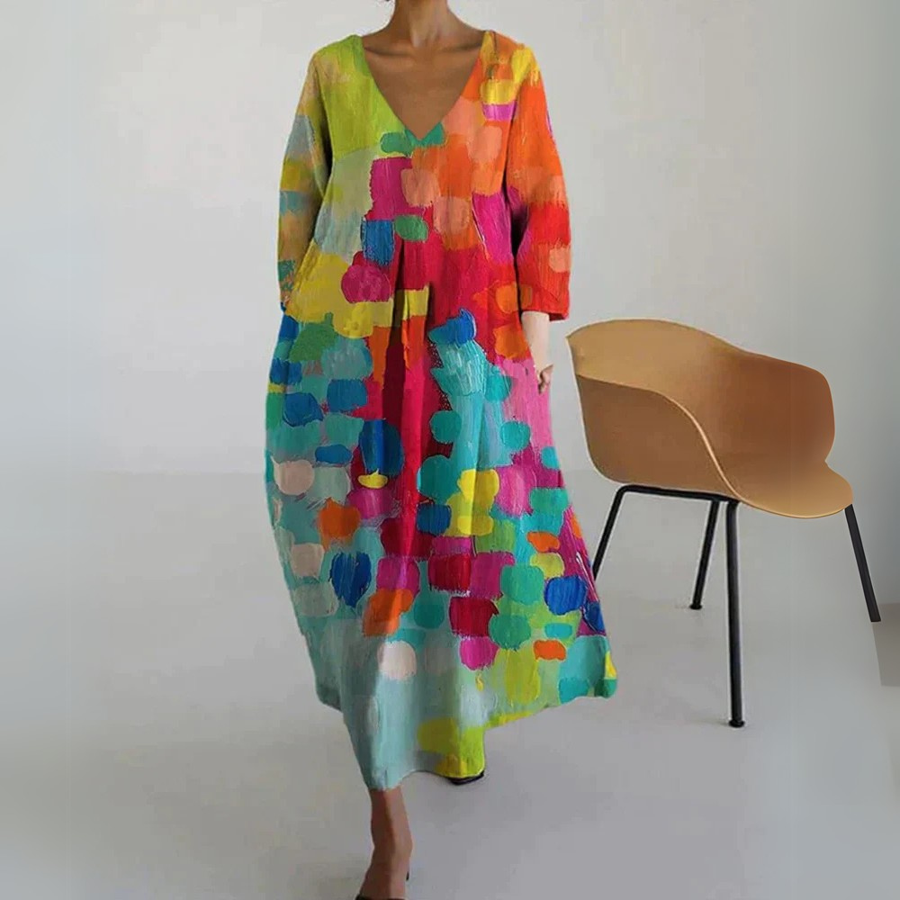 Agatha bunt gedrucktes V-Ausschnitt-Kleid für Damen, mit einem lebendigen und auffälligen Muster sowie einem schmeichelhaften V-Ausschnitt