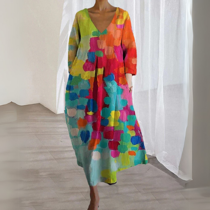 Agatha Bunt Gedrucktes V-Ausschnitt-Kleid für Damen