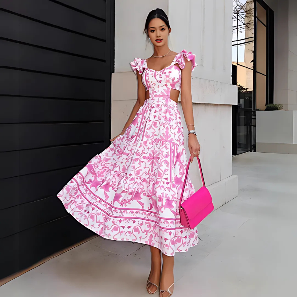 Aliena Stilvolles Sonnenblumenkleid für Damen in Dunkelrosa, ein schicker und auffälliger Look mit schmeichelhafter Silhouette und lebendigem Sonnenblumenmuster.

