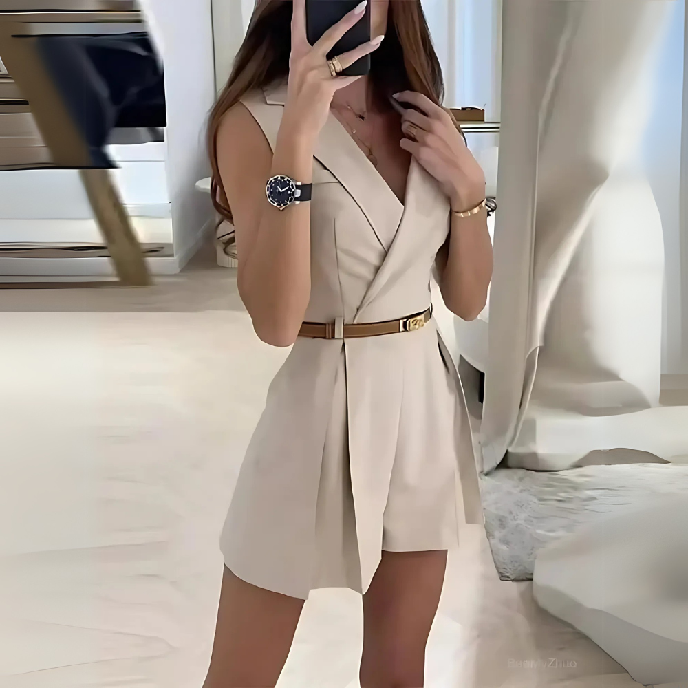Aprikosefarbener Damen-Romper in stilvollem Ärmelloser Gürtel Romper Design