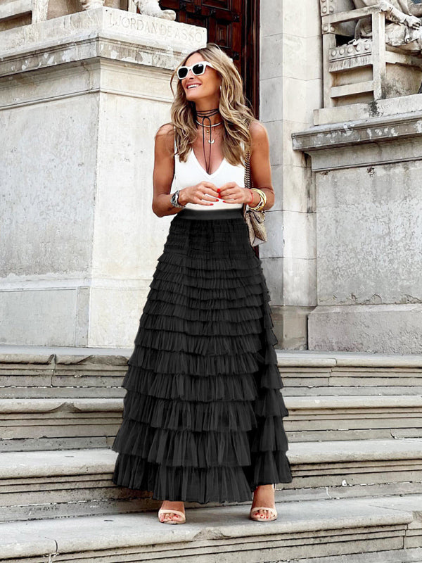 Arianne eleganter gestufter Tüll-Maxirock für Damen in Schwarz, mit einem schicken und eleganten Design, ideal für Abendveranstaltungen und formelle Anlässe