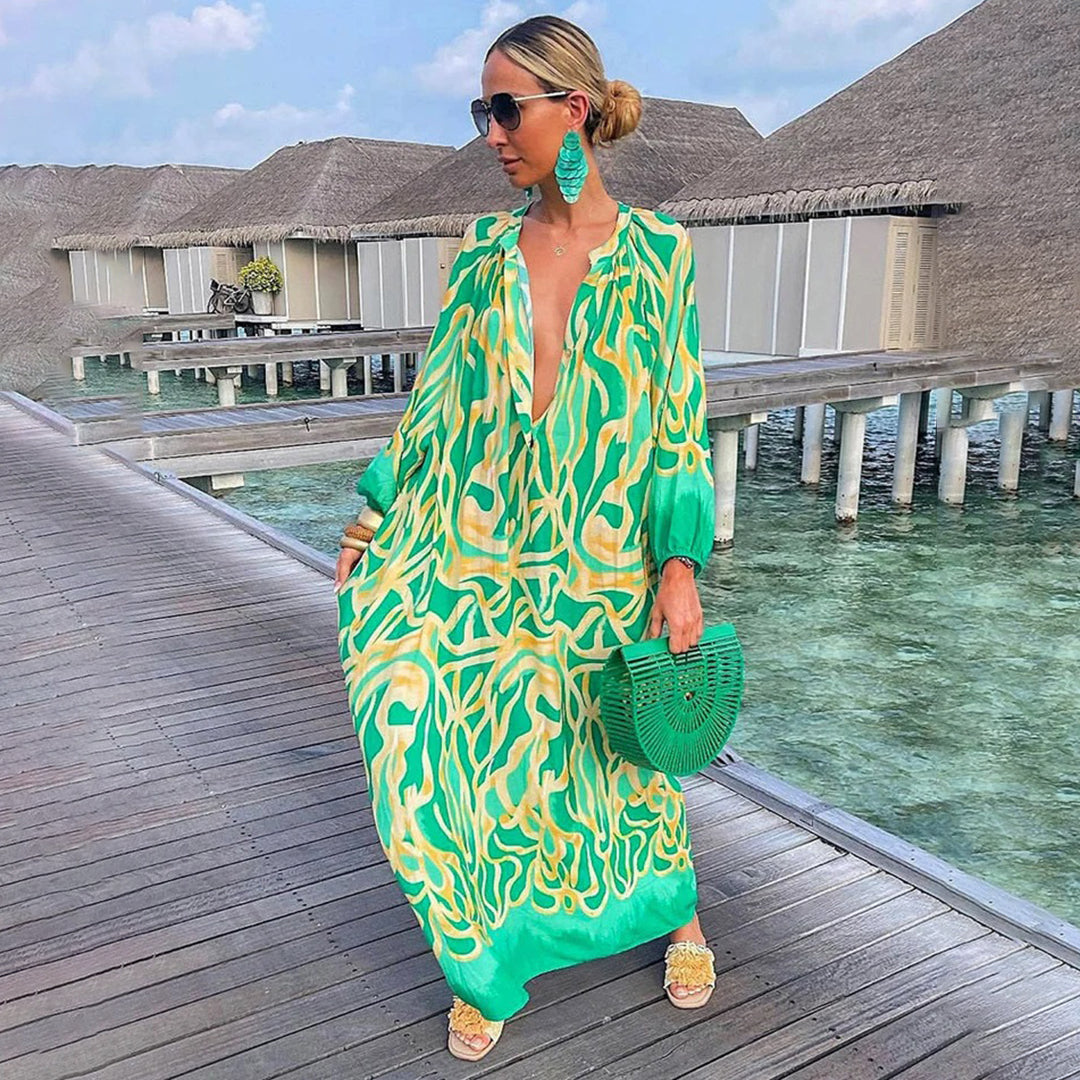 Arnette stilvolles Boho-Kleid für Damen in Grün, mit einem lebendigen und einzigartigen Boho-Print, ideal für legere Sommerausflüge oder Festivals.
