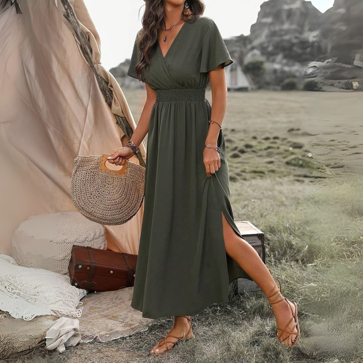 Atmungsaktives Midikleid mit V-Ausschnitt mit Kragen, elastischer Taille mit Bindegürtel und seitlichem Schlitz Damen Midikleid vorne