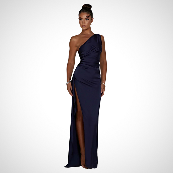 Basha elegantes Ein-Schulter Satin-Kleid für Damen in Blau, mit einem schönen Schlitz und einem schmeichelhaften Schnitt, perfekt für gehobene Anlässe.