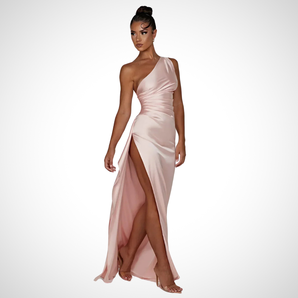 Basha elegantes Ein-Schulter Satin-Kleid für Damen in Rosa, perfekt für formelle Anlässe, mit einer schmeichelhaften Silhouette und luxuriösem Satinstoff.
