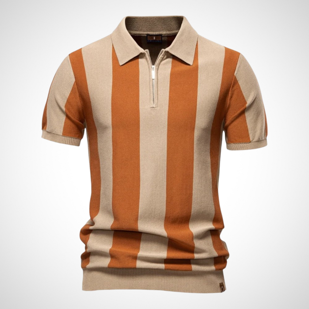 Beiges Herren-Polohemd mit Streifenmuster – atmungsaktives Baumwoll-Polohemd für Herren für sommerliche Outfits