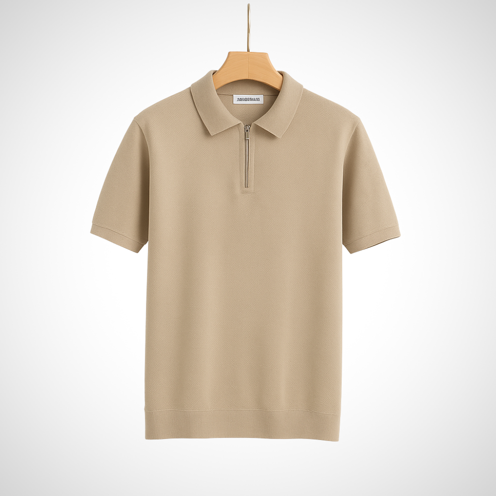 Beiges Herren-Poloshirt mit Reißverschluss modernes stylisches Strick-Poloshirt für einen klaren Look