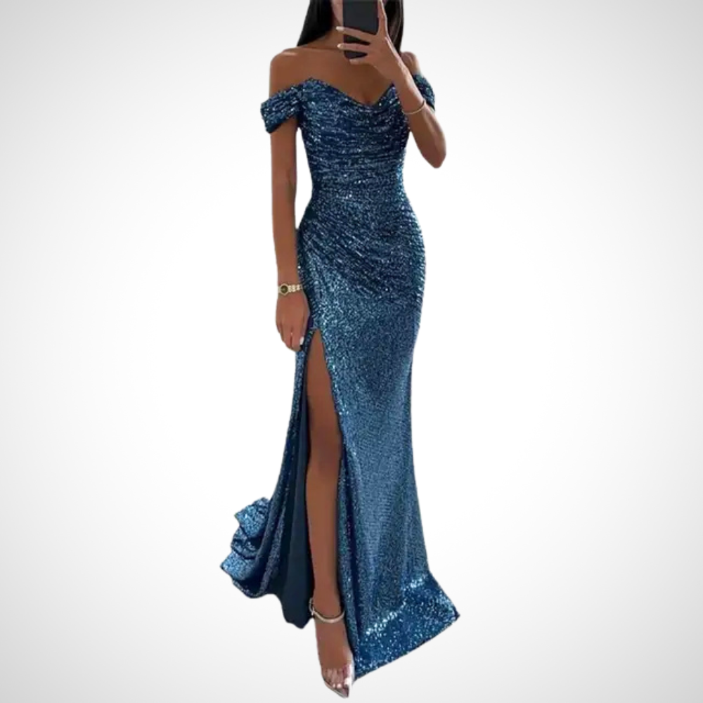 Betta glamouröses off-shoulder Maxikleid für Damen in Blau, mit einem eleganten Design und schmeichelhafter Silhouette, ideal für formelle Veranstaltungen und gehobene Anlässe.
