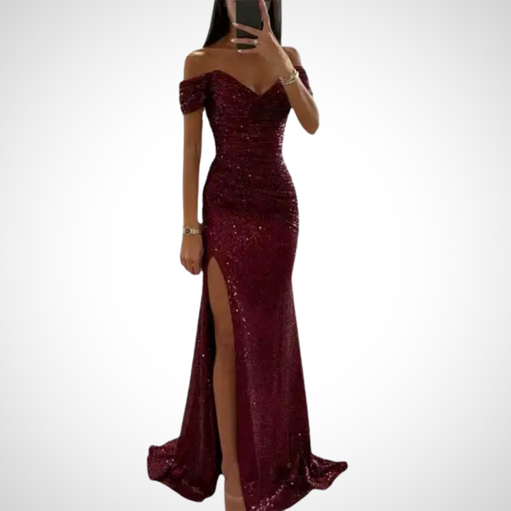 Betta glamouröses off-shoulder Maxikleid für Damen in Rot, mit einem kühnen und eleganten Design, ideal für hochkarätige Veranstaltungen und glamouröse Partys.