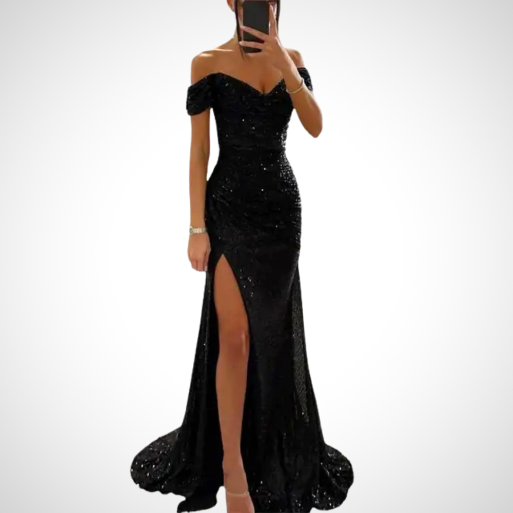 Betta glamouröses off-shoulder Maxikleid für Damen in Schwarz, mit einem schicken Design und eleganter Passform, ideal für Abendveranstaltungen und formelle Anlässe.
