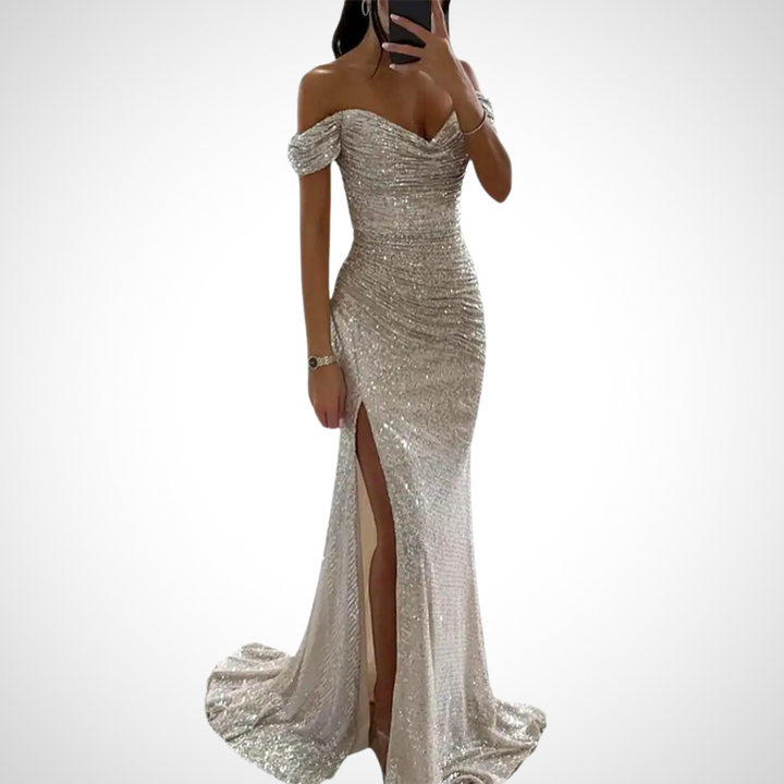 Betta glamouröses off-shoulder Maxikleid für Damen in Silber, mit einem luxuriösen und schicken Design, ideal für formelle Veranstaltungen und gehobene Feiern