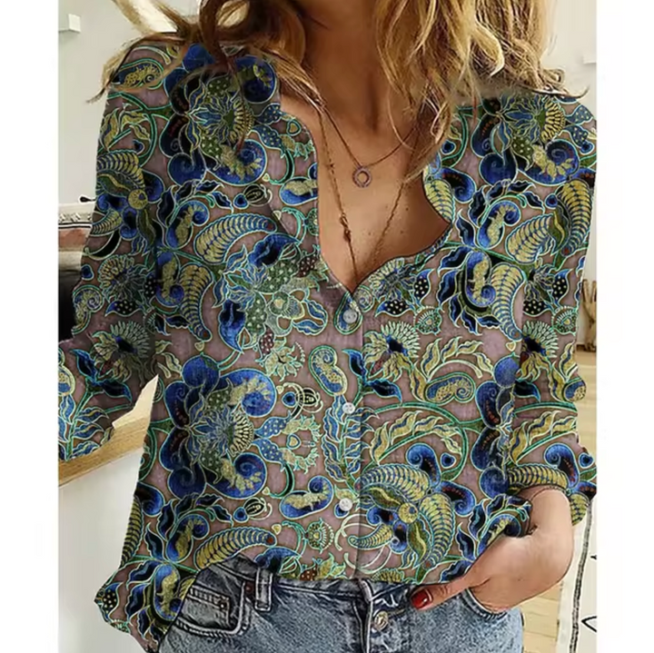 Blau-grüne Damenbluse mit lebendigem Muster kontrastreiche Blumenmuster-Bluse für auffällige Styles