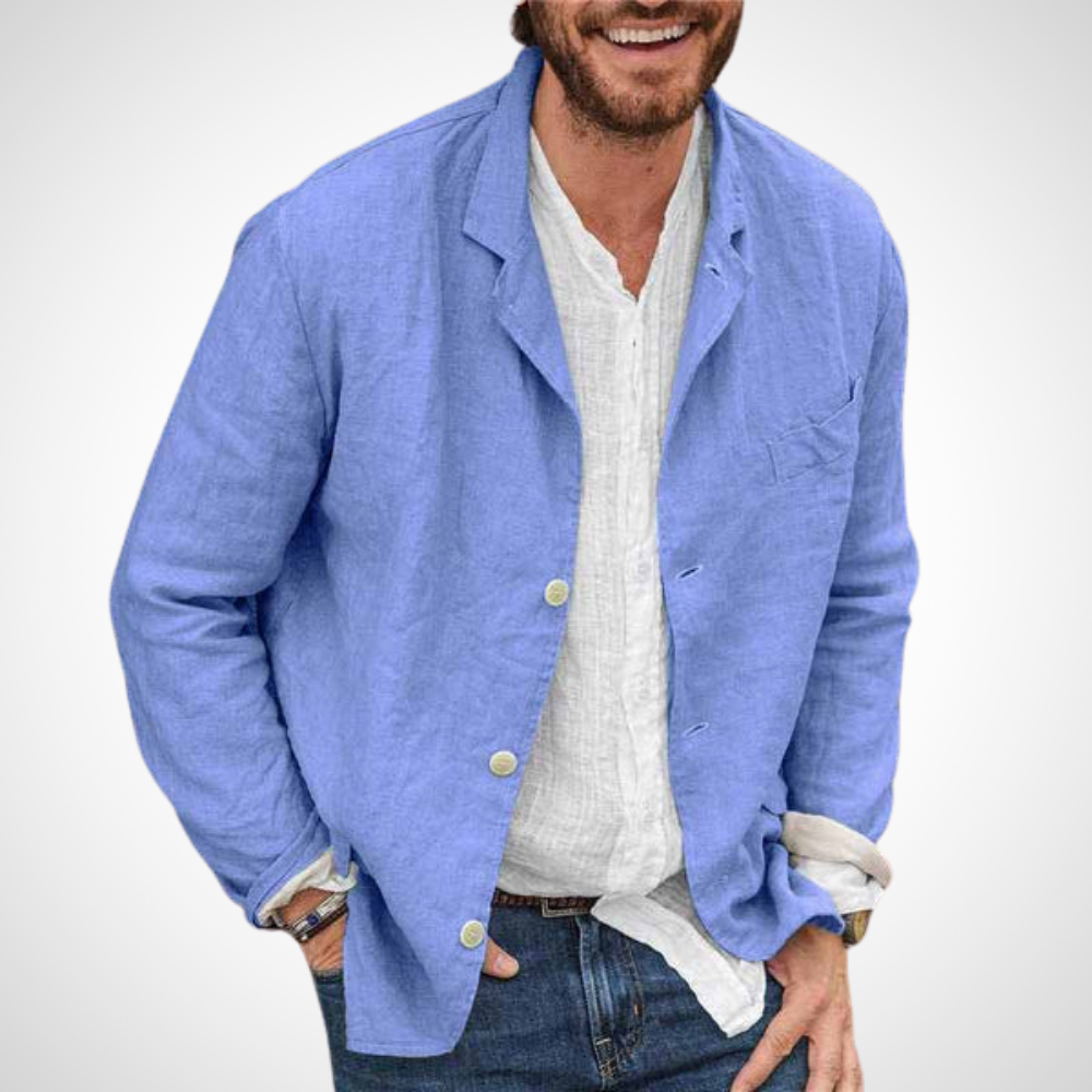 Blaue Herren-Jacke mit lockerer Passform und Knopfleiste als bequeme Baumwoll-Leinen-Jacke
