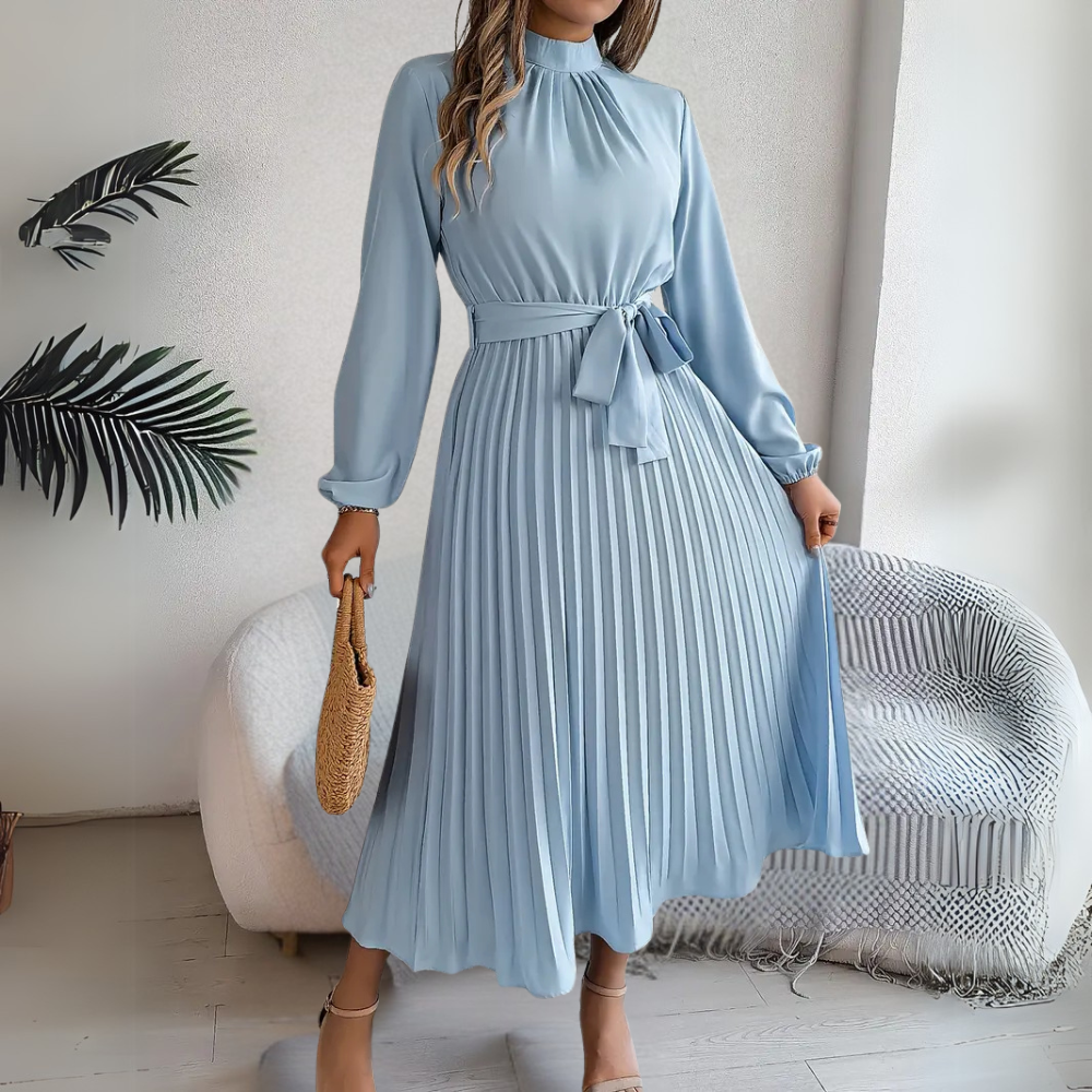 Blaues stilvolles Damen-Midikleid plissiertes Midikleid mit Taillengürtel für Damen
