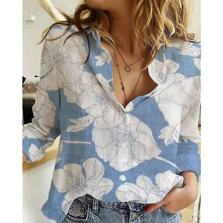 Blau-weiße Damenbluse mit luftigem Design florale Blumenmuster-Bluse perfekt für den Alltag