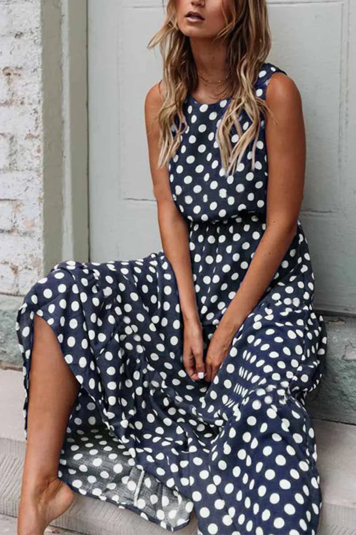 Blau Polka-Dot Midikleid für Damen – stilvoll und figurbetont