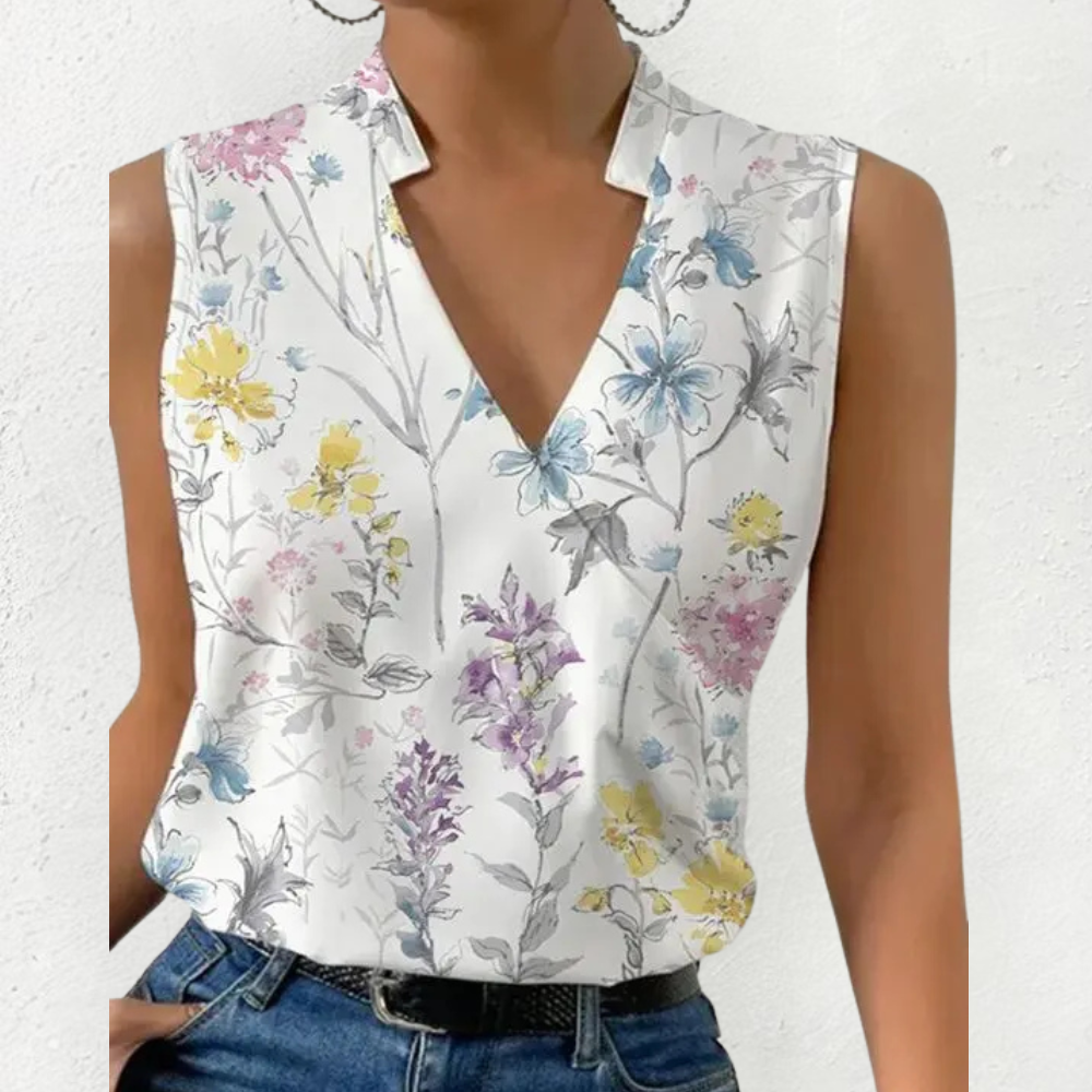 Weißes Damen-Top mit zartem Blumenprint stilvolles V-Ausschnitt Sommer-Top für feminine Sommeroutfits
