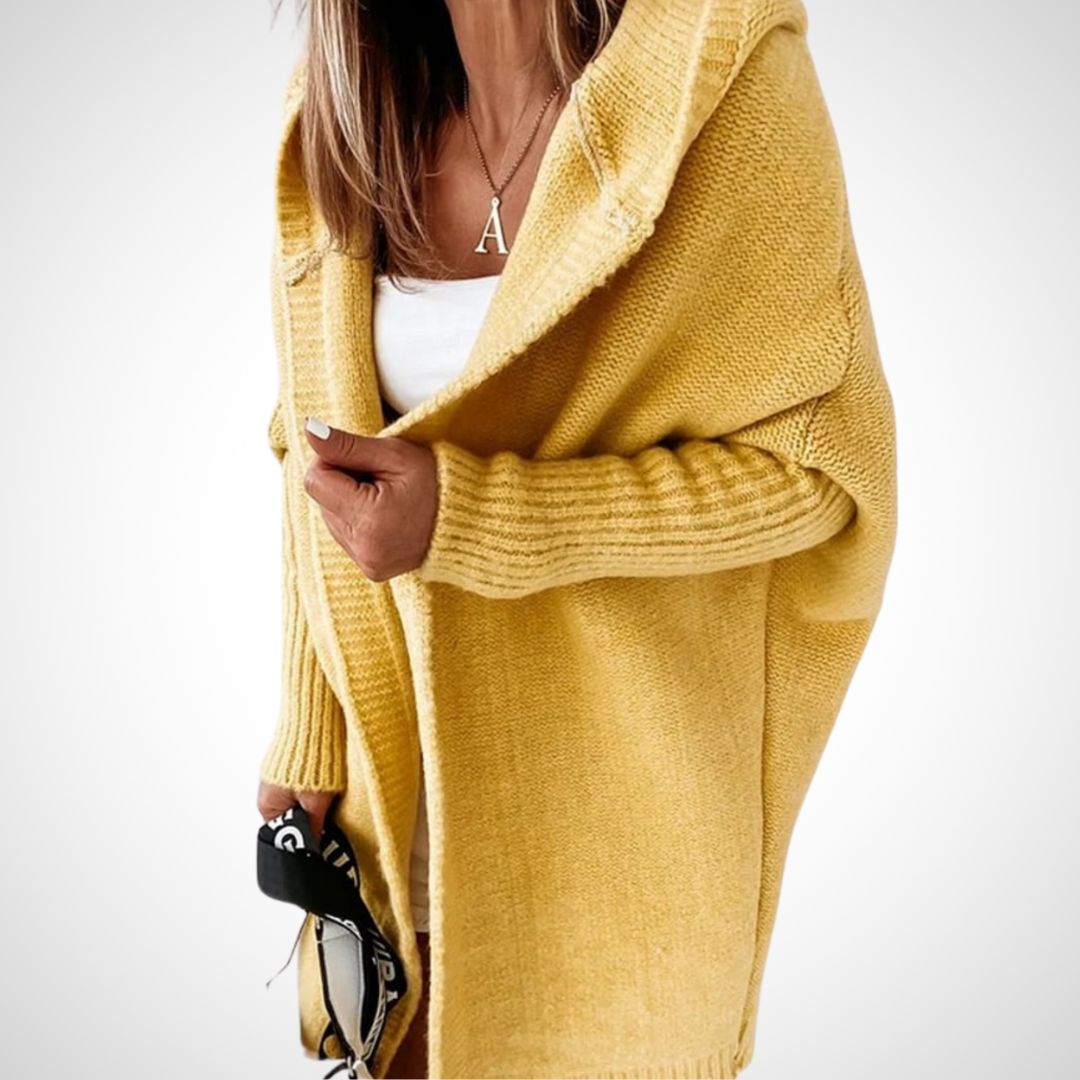 Cardigan in Gelb mit grober Strickstruktur, angenehmer Kapuze und mittellanger Passform für Damen.