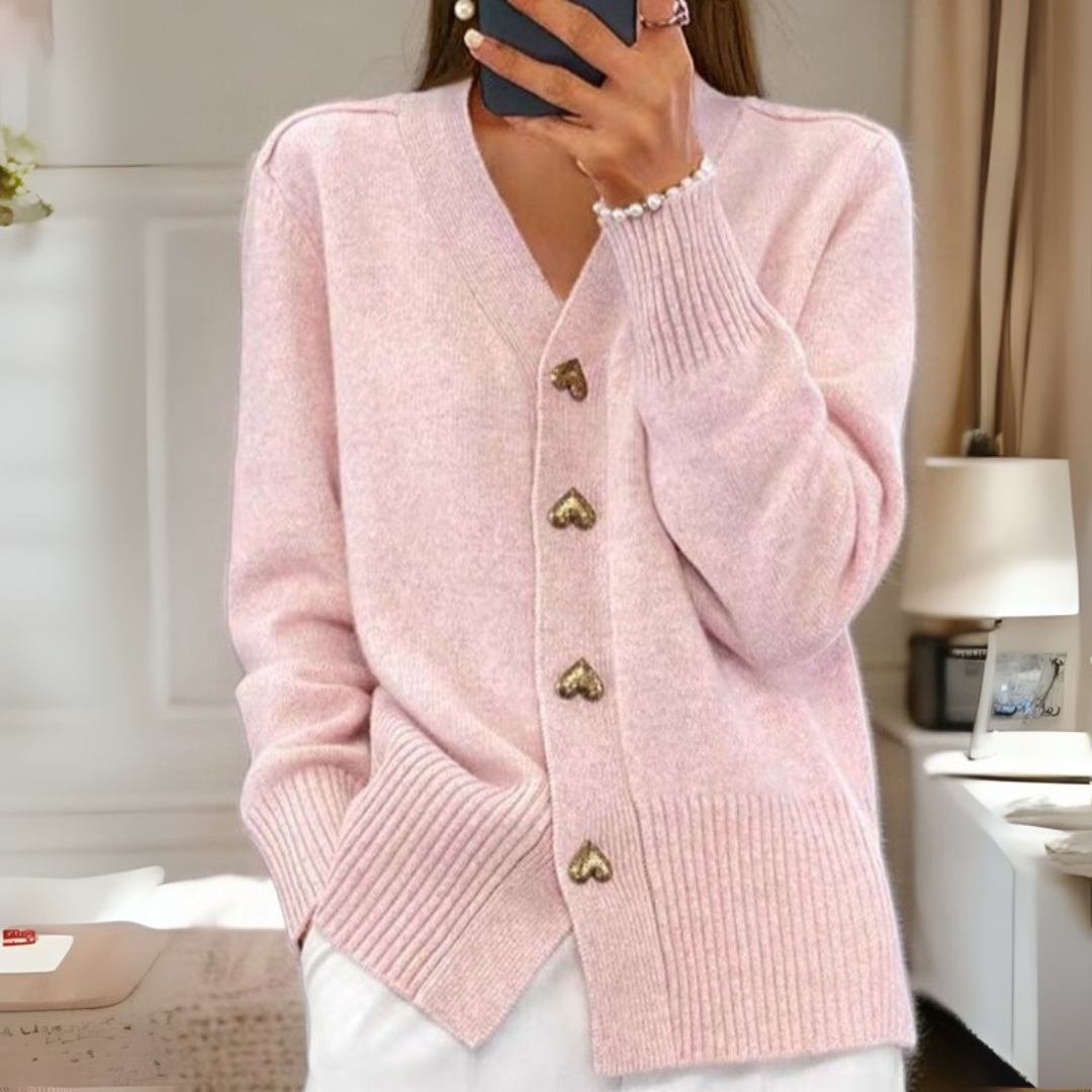  Cardigan für Damen in Rosa mit herzförmigen Knöpfen, V-Ausschnitt und Rippbündchen