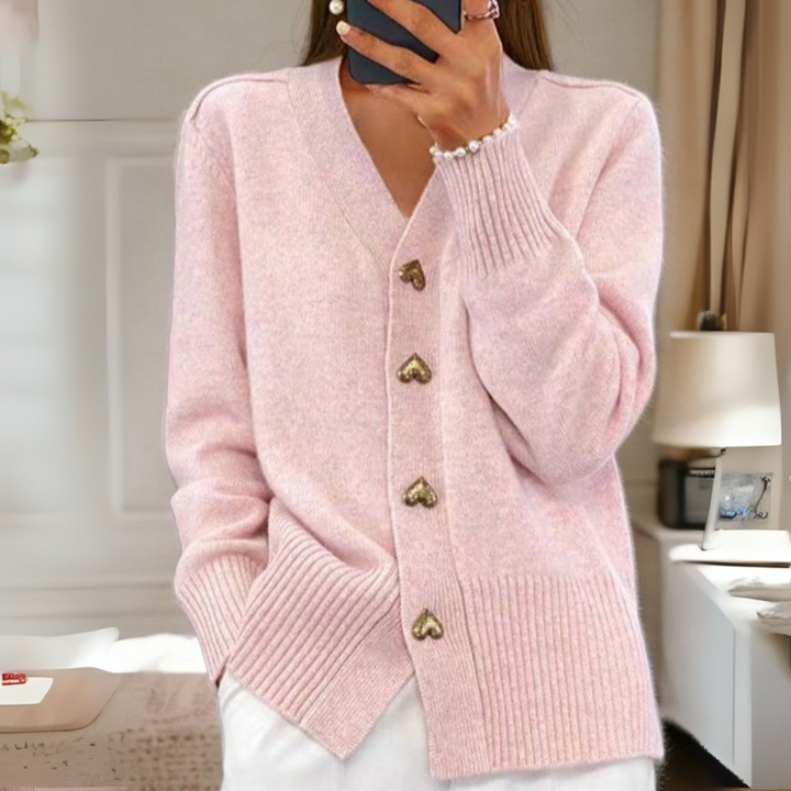  Cardigan für Damen in Rosa mit herzförmigen Knöpfen, V-Ausschnitt und Rippbündchen